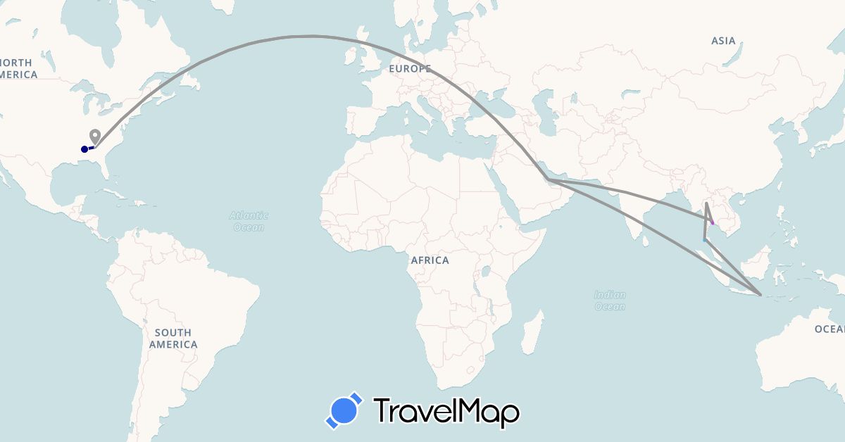 TravelMap itinerary: driving, plane, train, boat in Indonesia, Qatar, Thailand, United States (Asia, North America)