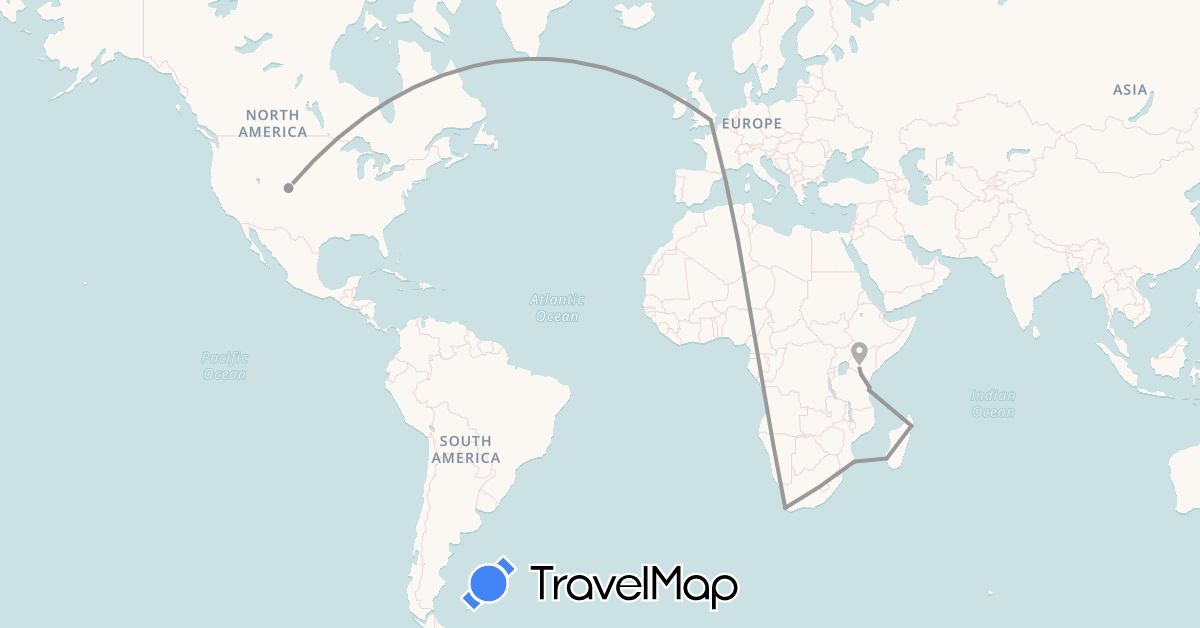 TravelMap itinerary: driving, plane in United Kingdom, Kenya, Madagascar, Mozambique, Tanzania, United States, South Africa (Africa, Europe, North America)