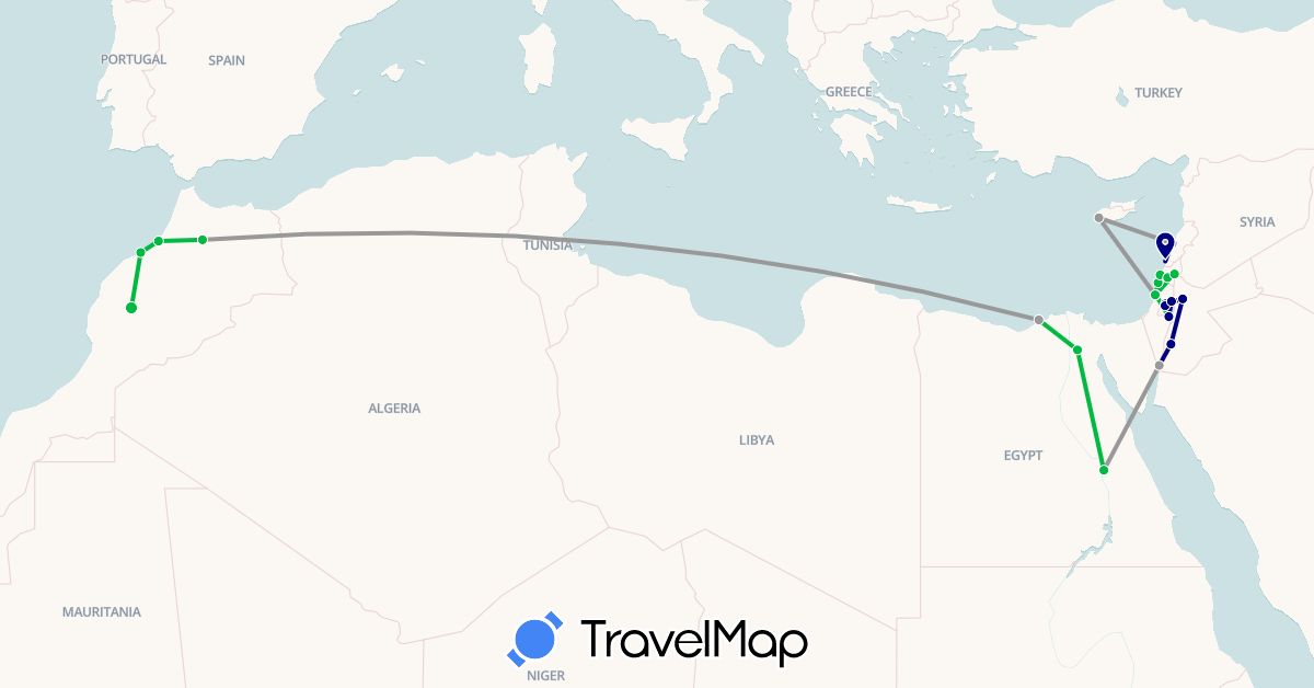 TravelMap itinerary: driving, bus, plane in Cyprus, Egypt, Israel, Jordan, Lebanon, Morocco (Africa, Asia)