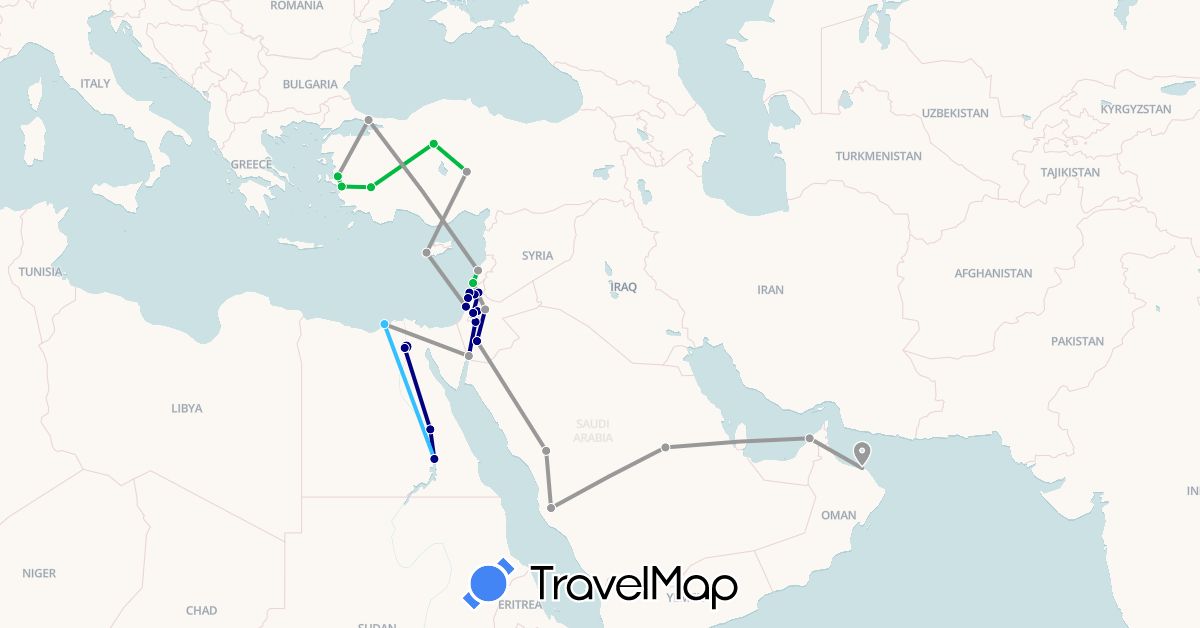 TravelMap itinerary: driving, bus, plane, boat in United Arab Emirates, Cyprus, Egypt, Israel, Jordan, Lebanon, Oman, Saudi Arabia, Turkey (Africa, Asia)