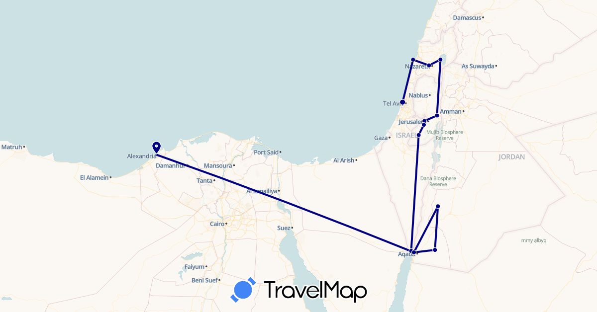 TravelMap itinerary: driving in Egypt, Israel, Jordan (Africa, Asia)