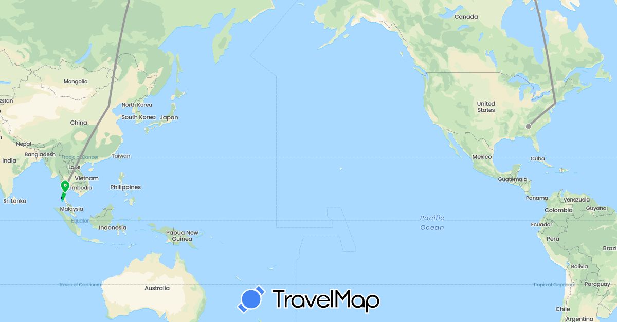 TravelMap itinerary: driving, bus, plane, boat in China, Thailand, United States (Asia, North America)