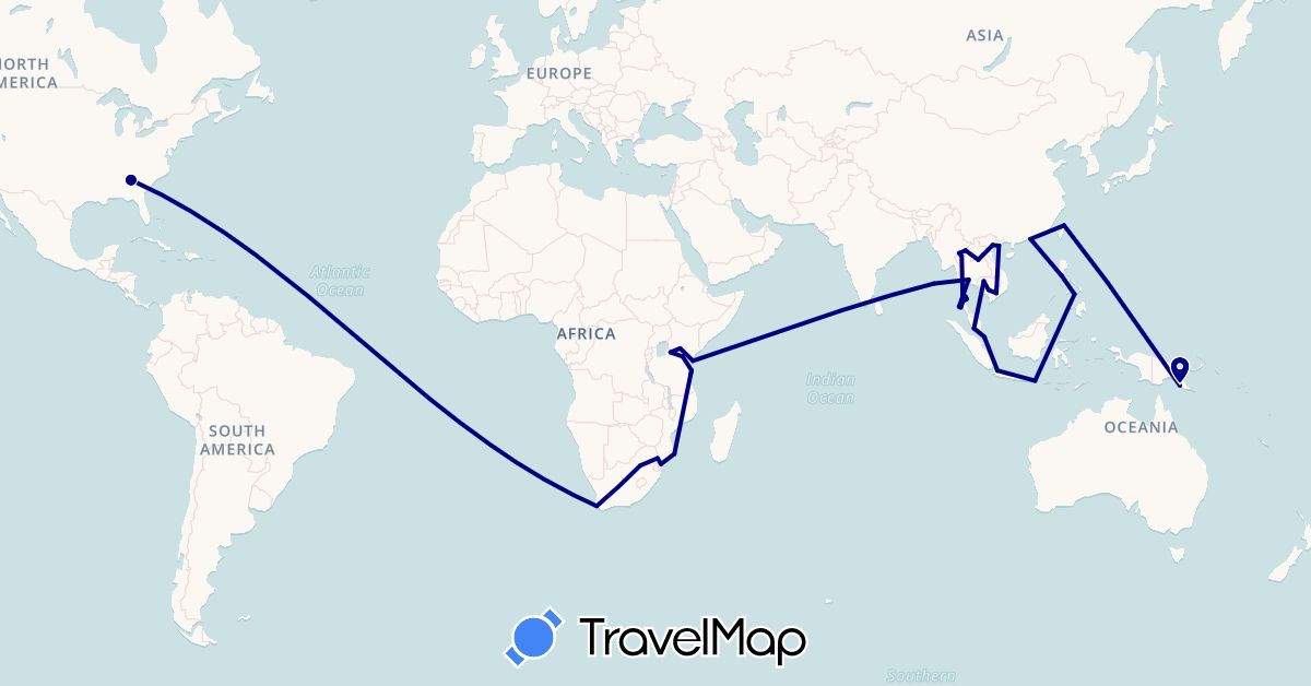 TravelMap itinerary: driving in Hong Kong, Indonesia, India, Kenya, Cambodia, Laos, Malaysia, Mozambique, Papua New Guinea, Philippines, Singapore, Thailand, Taiwan, Tanzania, United States, Vietnam, South Africa (Africa, Asia, North America, Oceania)